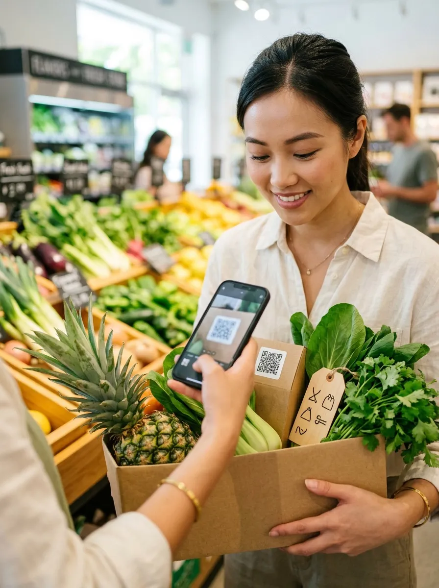 Người mua quét tem QR trên thùng nông sản