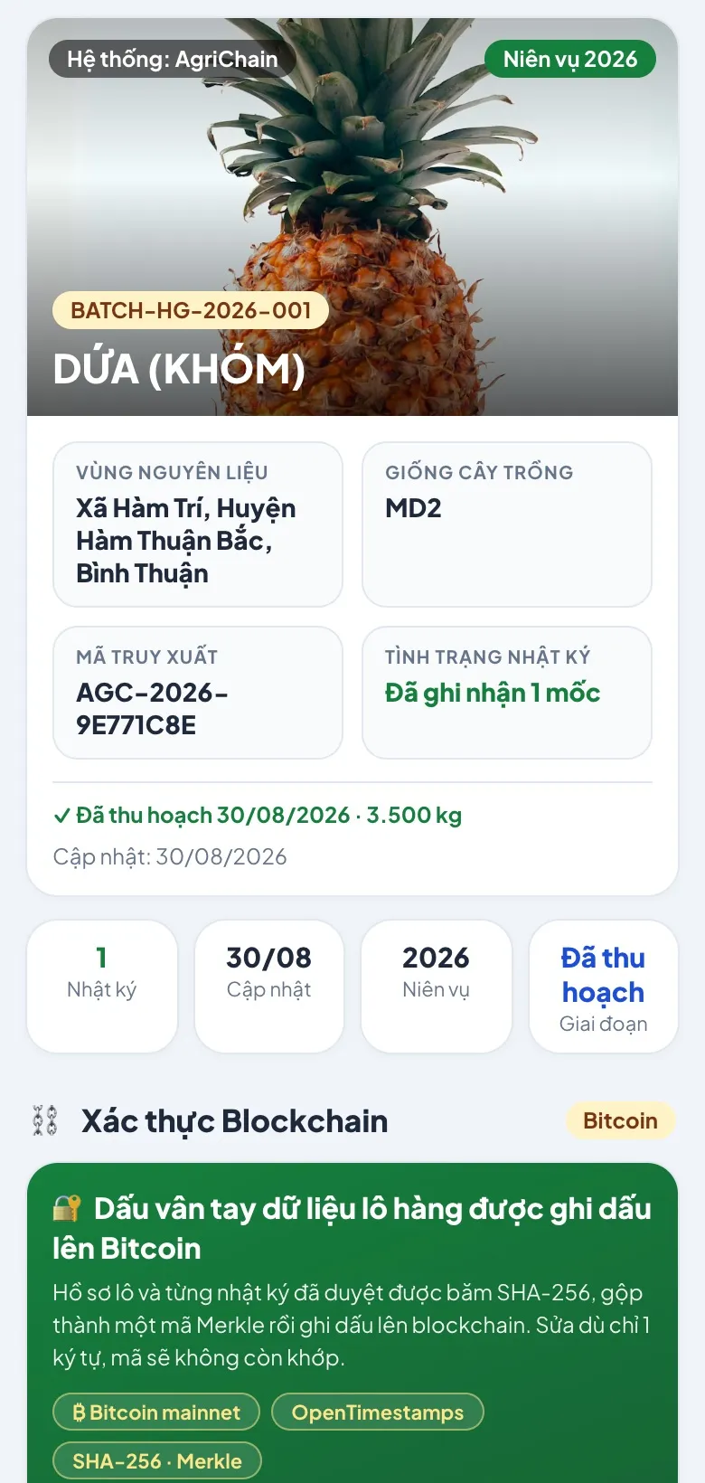 Trang truy xuất lô hàng người mua thấy khi quét tem QR